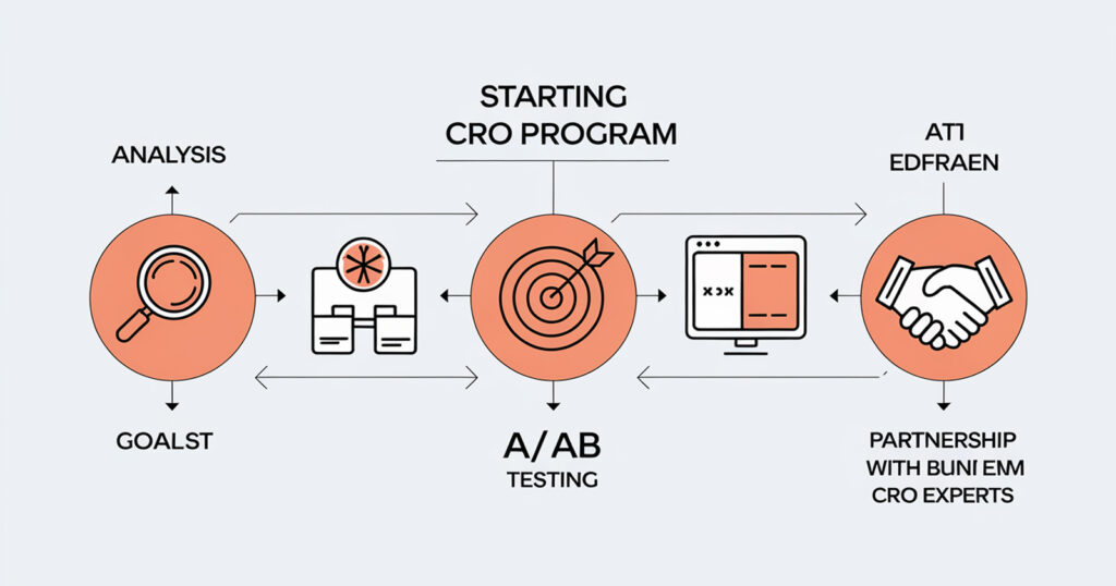 Roadmap for starting a CRO program, with stages for analyzing performance, defining goals, testing changes, and partnering with CRO experts.