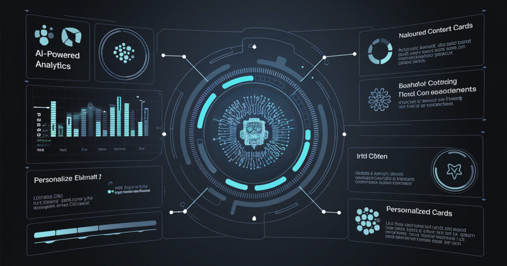 Digital dashboard displaying emerging CRO trends: AI-driven analytics, voice search optimization, personalization, predictive analytics, and interactive content.