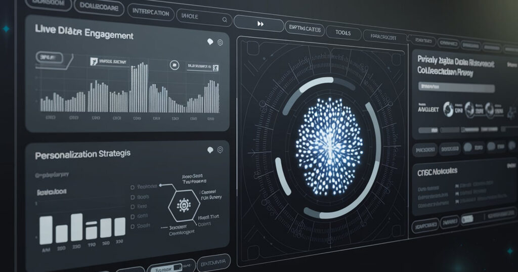 Futuristic CRO dashboard showing real-time optimization tools, privacy-compliant data collection, and hyper-personalization metrics for user engagement.