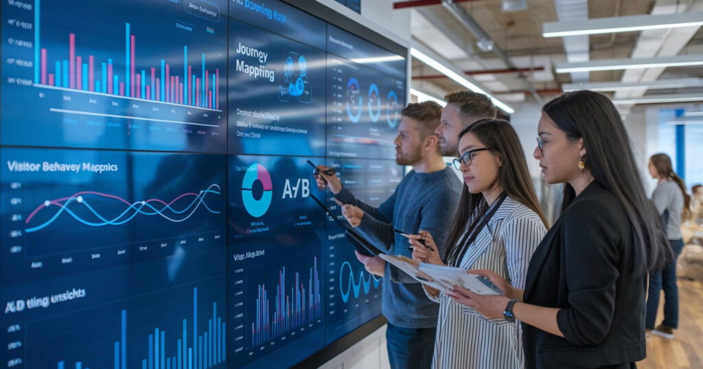 Marketing team analyzing real-time CRO data on a digital screen, showcasing AI-powered analytics, personalized customer journeys, and user behavior insights.