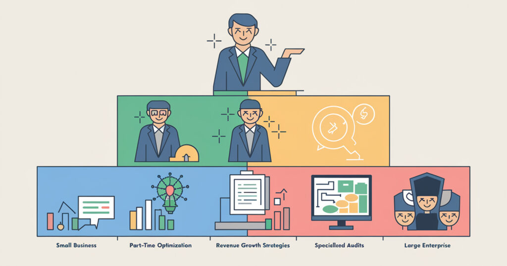 Illustration of a Fractional CRO's adaptable role across business sizes, with optimization strategies for small, growing, and large enterprises.