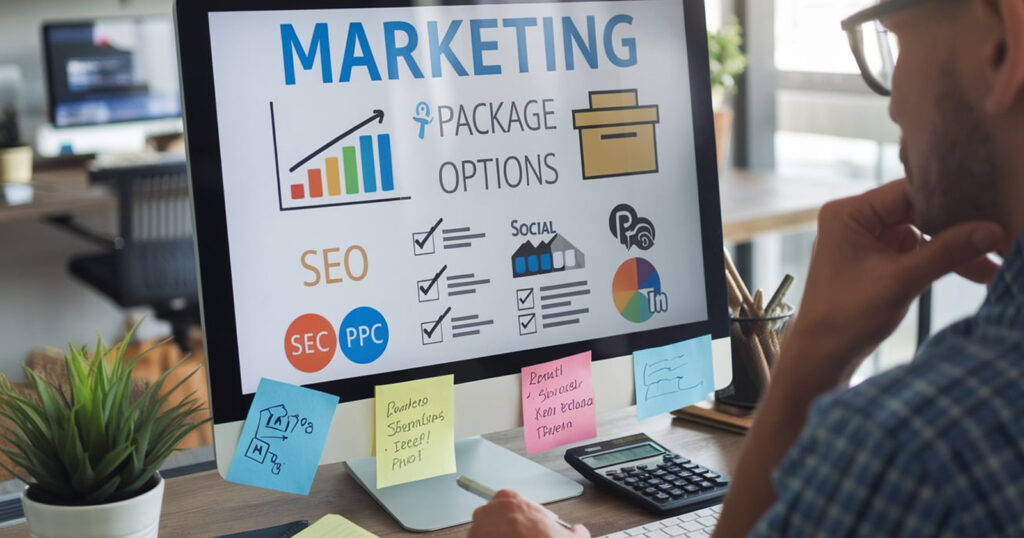 eCommerce business owner comparing marketing package options and setting a budget to meet business goals.