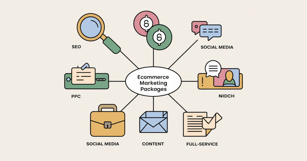 Illustration of various ecommerce marketing packages SEO, PPC, Social Media, Content, and Full-Service offered for different business needs.