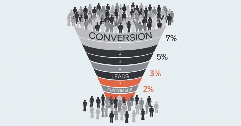 Illustration of a funnel symbolizing Conversion Rate Optimization, with visitors at the top narrowing down to conversions, representing increased conversion rates and revenue.