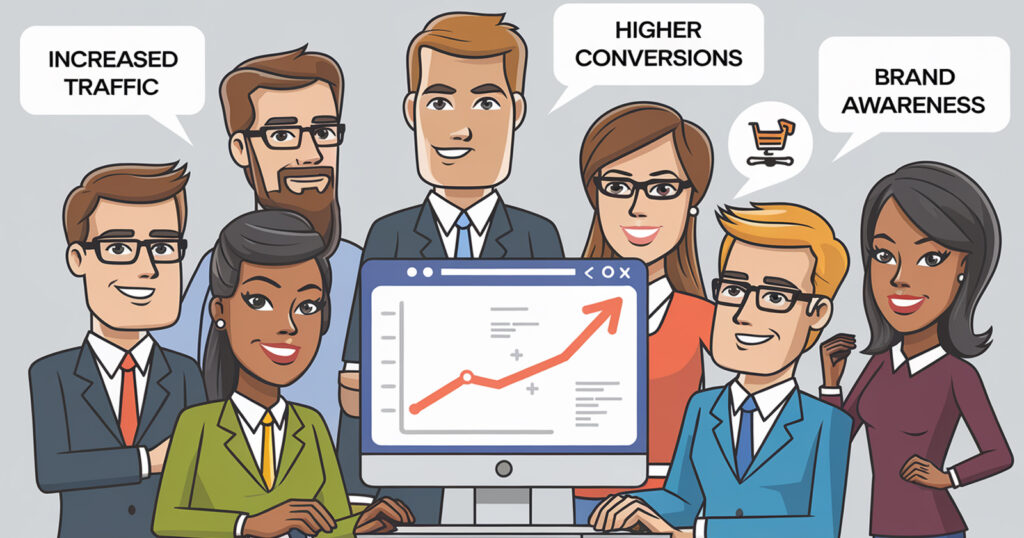 Visual representation of ecommerce SEO benefits, including increased traffic, higher conversions, and brand awareness.