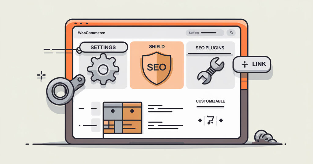 Illustration showcasing WooCommerce's SEO strengths, including customization options, SEO plugin compatibility, and URL control, with a note on technical setup requirements.