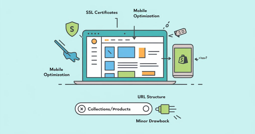 Illustration highlighting Shopify's SEO strengths, including mobile optimization, SSL certificates, and app integrations, with a note on its rigid URL structure.