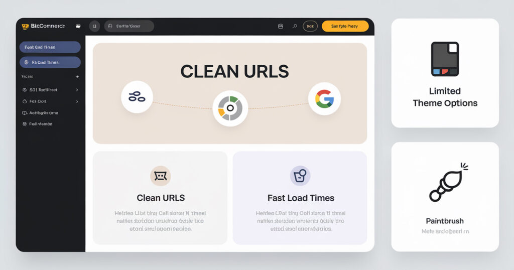 Illustration of BigCommerce's SEO strengths, including clean URLs, fast loading speeds, and built-in SEO features, with a note on limited theme customization.