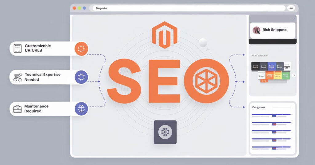 Illustration of Magento's advanced SEO capabilities including customizable URLs, rich snippets, and scalability, alongside a note on the technical expertise needed for maintenance.