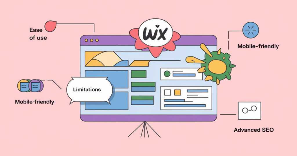 Illustration of Wix's beginner-friendly SEO features including ease of use, mobile optimization, and basic SEO tools, with limitations on advanced SEO capabilities.