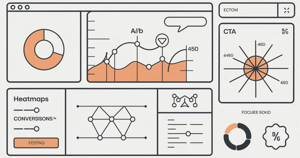 Website interface with CRO tools like heatmap analysis and A/B testing, illustrating an ecommerce CRO agency's optimization process for higher conversions.