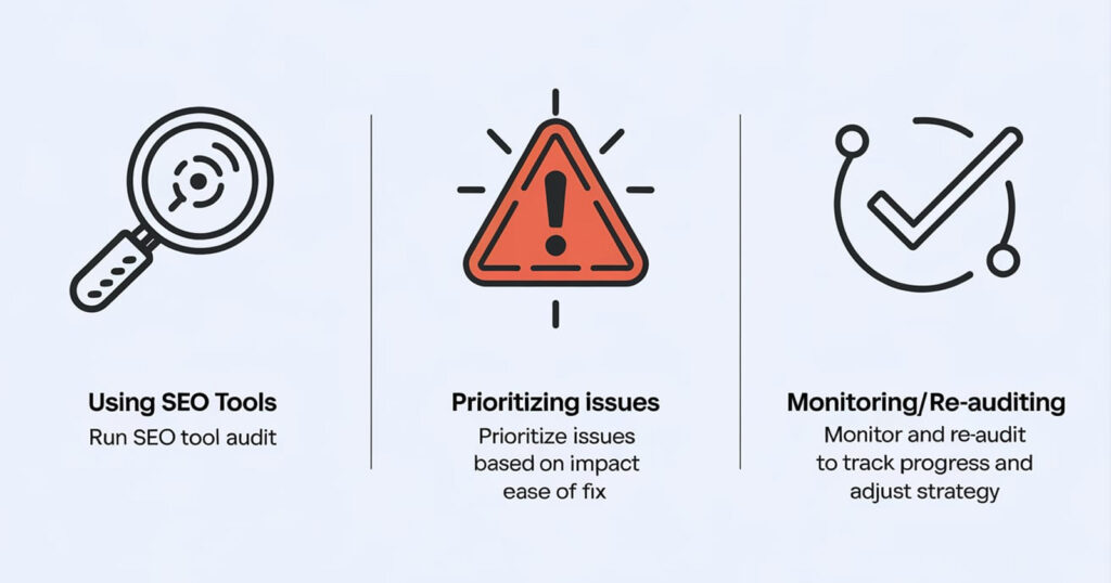 Flowchart depicting the process of auditing and fixing technical SEO issues for ecommerce, featuring steps like using SEO tools to identify problems, prioritizing and fixing issues, and monitoring site health for ongoing optimization.