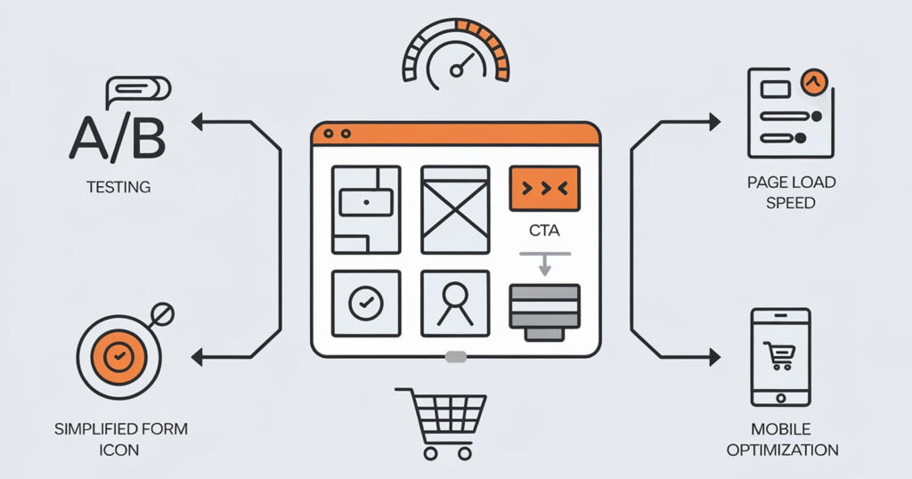 Illustration of common CRO strategies to improve website performance, featuring icons for A/B testing, page speed, simplified forms, enhanced CTAs, streamlined checkout, and mobile optimization.