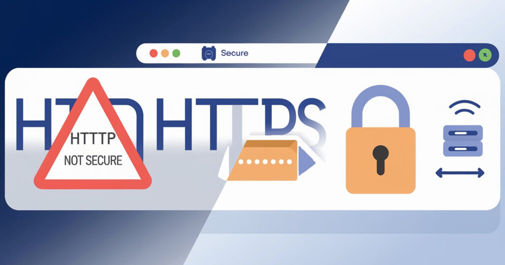 Comparison image showing an HTTP website without a secure padlock icon and an HTTPS website with a secure padlock, illustrating the importance of SSL certificates and data encryption for user trust and SEO.