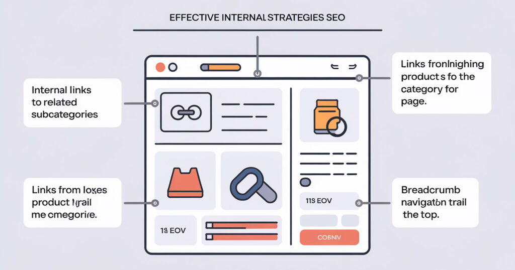 Illustrated internal linking strategies for ecommerce category page SEO, highlighting links to related categories, links from product pages back to the category page, and breadcrumb navigation.