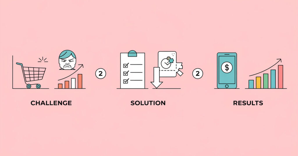 Visual timeline of a CRO specialist's case study showing a Vancouver ecommerce retailer's challenge with high bounce rates, the solution involving a website audit and optimization, and the resulting 35% increase in conversions and revenue growth.