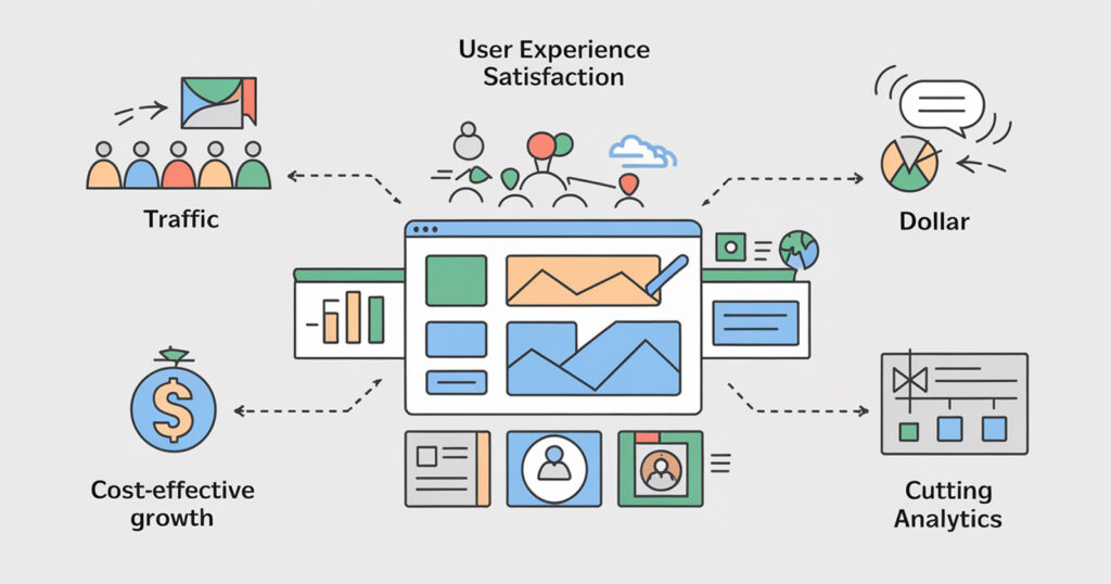 Illustration of the benefits of Conversion Rate Optimization (CRO), showing icons for maximizing traffic, enhancing user experience, cost-effective growth, and understanding customer behavior.