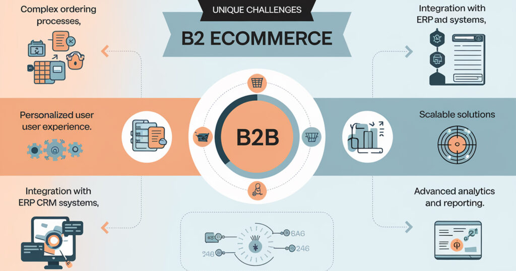 Infographic highlighting why B2B companies need a specialized ecommerce agency: addressing complex ordering processes, personalized user experiences, integration with ERP and CRM systems, scalability for growth, and advanced analytics for informed decision-making.