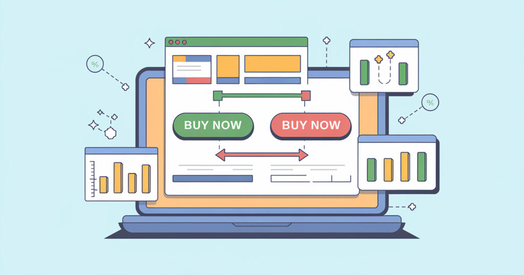 Illustration of Conversion Rate Optimization with A/B testing, showing two versions of a webpage with different 'Buy Now' button colors to compare user engagement.