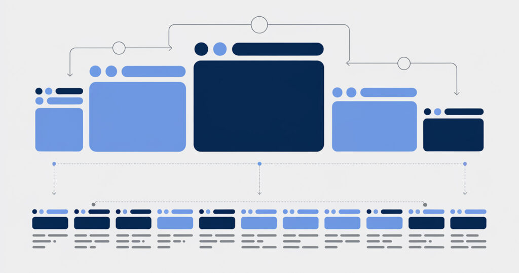 Infographic showing an optimized site architecture for ecommerce, highlighting a logical hierarchy of categories and subcategories, with examples of clean, descriptive URLs and the process of submitting a sitemap to Google.