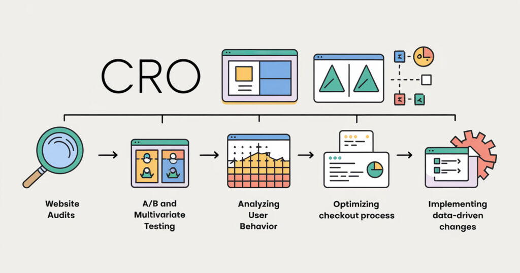 Infographic detailing the responsibilities of a CRO specialist, including website audits, A/B testing, user behavior analysis, checkout process optimization, and data-driven changes.