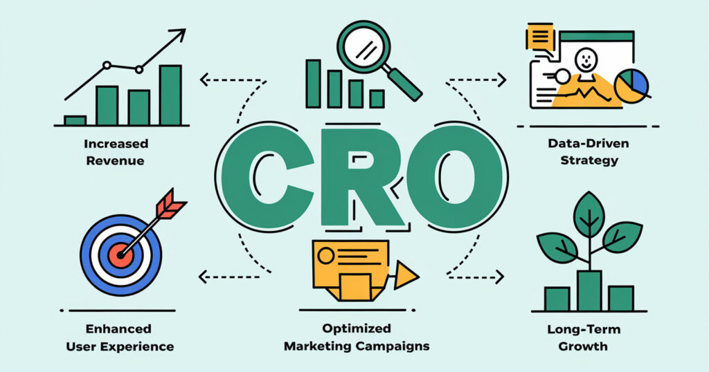 Illustration of the benefits of hiring a CRO specialist, including increased revenue, data-driven strategy, enhanced user experience, optimized marketing campaigns, and support for long-term growth.