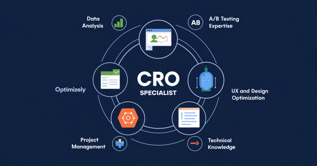 Illustration of essential skills and tools used by CRO specialists: data analysis tools like Google Analytics, A/B testing platforms like Optimizely, UX optimization tools like Hotjar, and project management skills for handling experiments.