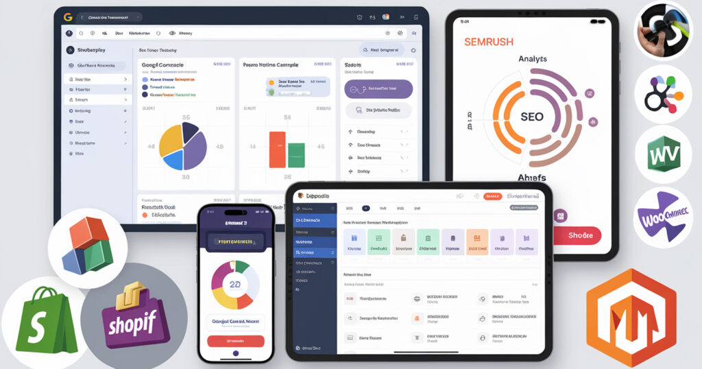 Illustrated ecommerce SEO tools for category page optimization, featuring Google Search Console, SEMrush, Ahrefs, and Yoast SEO for WooCommerce, with logos of ecommerce platforms like Shopify and Magento.